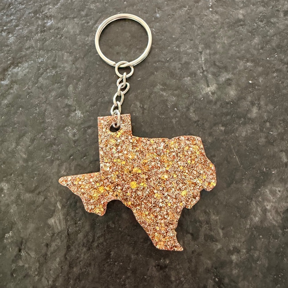 Texas State Shape‎ Keychain Gold Copper Glitter Resin Sparkly Key Ring
